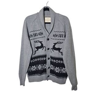 Shawl Collar Cardigan Sweater Button Front Gray Nordic Reindeer Knit Mens Medium